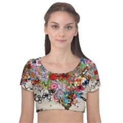 Multicolored Floral Digital Wallpaper Abstract Flowers Heart Free Download Velvet Short Sleeve Crop Top  by danenraven