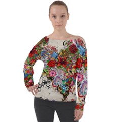 Multicolored Floral Digital Wallpaper Abstract Flowers Heart Free Download Off Shoulder Long Sleeve Velour Top by danenraven