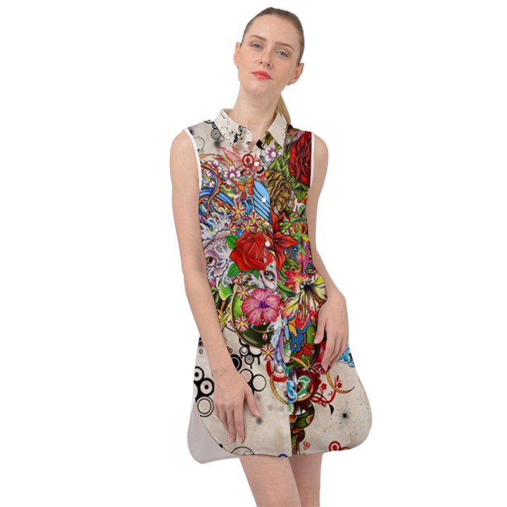 Multicolored Floral Digital Wallpaper Abstract Flowers Heart Free Download Sleeveless Shirt Dress