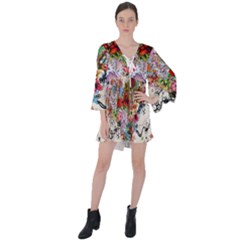 Multicolored Floral Digital Wallpaper Abstract Flowers Heart Free Download V-neck Flare Sleeve Mini Dress by danenraven