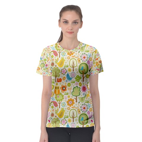 Nature Doodle Art Trees Birds Owl Children Pattern Multi Colored Women s Sport Mesh Tee by danenraven