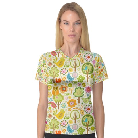 Nature Doodle Art Trees Birds Owl Children Pattern Multi Colored V-neck Sport Mesh Tee by danenraven