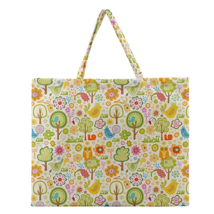 Nature Doodle Art Trees Birds Owl Children Pattern Multi Colored Zipper Large Tote Bag