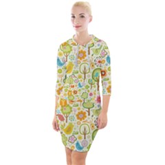 Nature Doodle Art Trees Birds Owl Children Pattern Multi Colored Quarter Sleeve Hood Bodycon Dress by danenraven