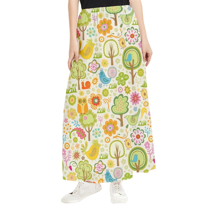 Nature Doodle Art Trees Birds Owl Children Pattern Multi Colored Maxi Chiffon Skirt