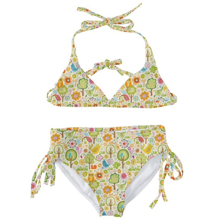 Nature Doodle Art Trees Birds Owl Children Pattern Multi Colored Kids  Classic Bikini Set