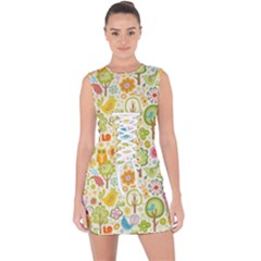 Nature Doodle Art Trees Birds Owl Children Pattern Multi Colored Lace Up Front Bodycon Dress by danenraven