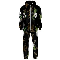 Black And White Floral Textile Digital Art Abstract Pattern Hooded Jumpsuit (men) by danenraven