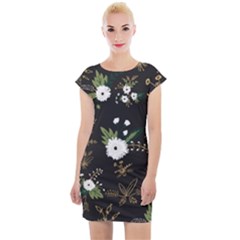 Black And White Floral Textile Digital Art Abstract Pattern Cap Sleeve Bodycon Dress by danenraven