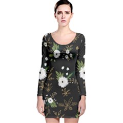 Black And White Floral Textile Digital Art Abstract Pattern Long Sleeve Velvet Bodycon Dress by danenraven