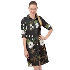 Black And White Floral Textile Digital Art Abstract Pattern Long Sleeve Mini Shirt Dress by danenraven