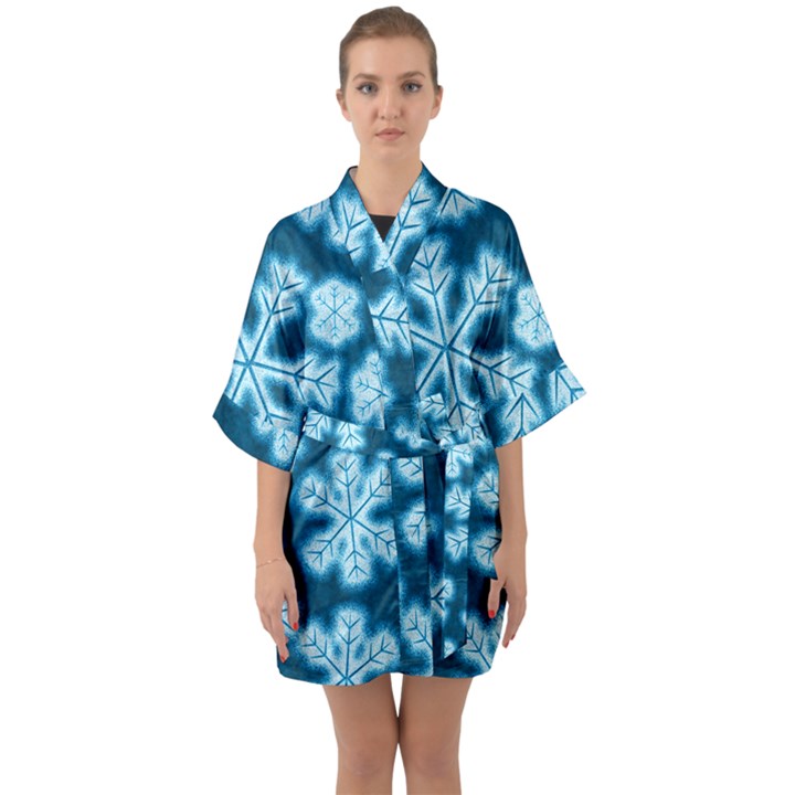 Snowflakes And Star Patterns Blue Frost Half Sleeve Satin Kimono 