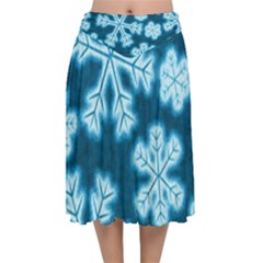 Snowflakes And Star Patterns Blue Frost Velvet Flared Midi Skirt by artworkshop