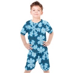 Snowflakes And Star Patterns Blue Frost Kids  Tee And Shorts Set by artworkshop