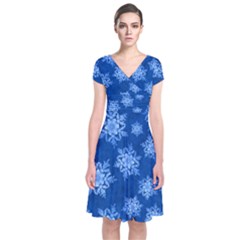 Snowflakes And Star Patterns Blue Snow Short Sleeve Front Wrap Dress by artworkshop