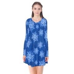 Snowflakes And Star Patterns Blue Snow Long Sleeve V-neck Flare Dress by artworkshop