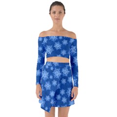 Snowflakes And Star Patterns Blue Snow Off Shoulder Top With Skirt Set by artworkshop