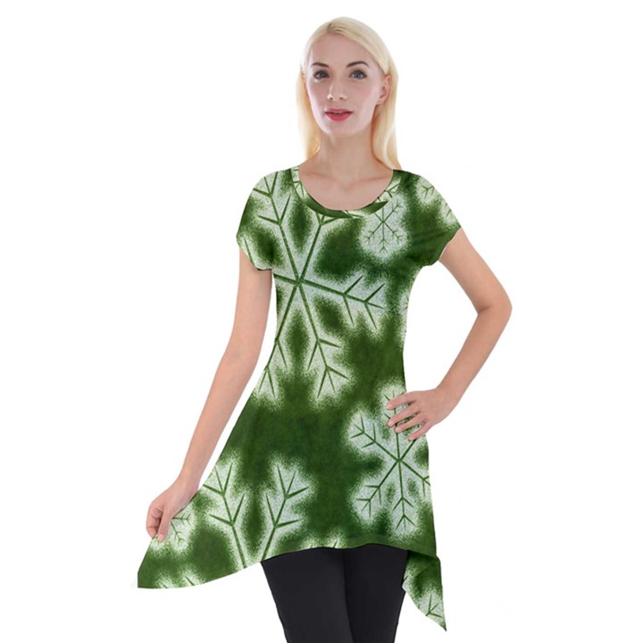 Snowflakes And Star Patterns Green Frost Short Sleeve Side Drop Tunic