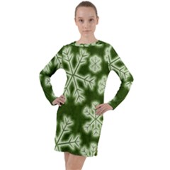 Snowflakes And Star Patterns Green Frost Long Sleeve Hoodie Dress by artworkshop