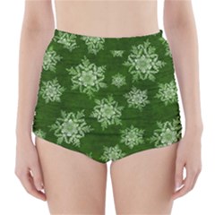 Snowflakes And Star Patterns Green Snow High-waisted Bikini Bottoms by artworkshop