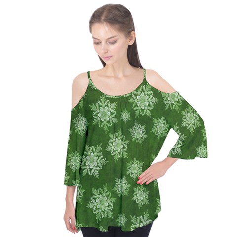 Snowflakes And Star Patterns Green Snow Flutter Tees by artworkshop