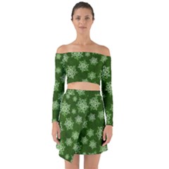 Snowflakes And Star Patterns Green Snow Off Shoulder Top With Skirt Set by artworkshop