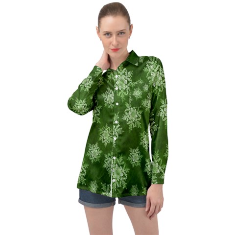 Snowflakes And Star Patterns Green Snow Long Sleeve Satin Shirt by artworkshop