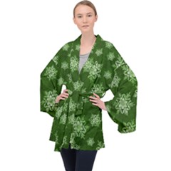 Snowflakes And Star Patterns Green Snow Long Sleeve Velvet Kimono  by artworkshop