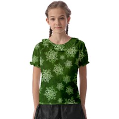 Snowflakes And Star Patterns Green Snow Kids  Frill Chiffon Blouse by artworkshop