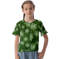 Snowflakes And Star Patterns Green Snow Kids  Cuff Sleeve Scrunch Bottom Tee