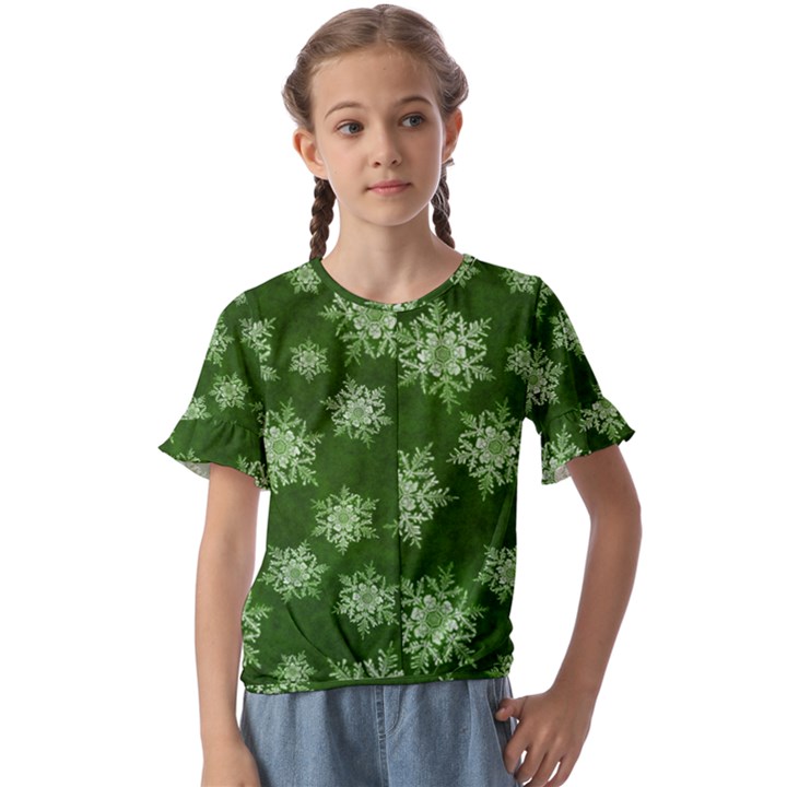 Snowflakes And Star Patterns Green Snow Kids  Cuff Sleeve Scrunch Bottom Tee