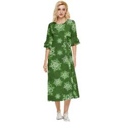 Snowflakes And Star Patterns Green Snow Double Cuff Midi Dress by artworkshop