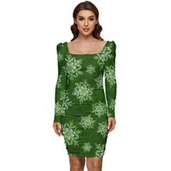 Snowflakes And Star Patterns Green Snow Women Long Sleeve Ruched Stretch Jersey Dress by artworkshop