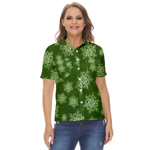 Snowflakes And Star Patterns Green Snow Women s Short Sleeve Double Pocket Shirt by artworkshop