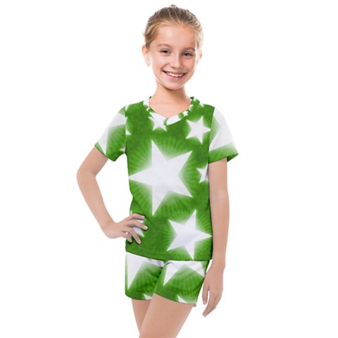 Snowflakes And Star Patterns Green Stars Kids  Mesh Tee And Shorts Set by artworkshop