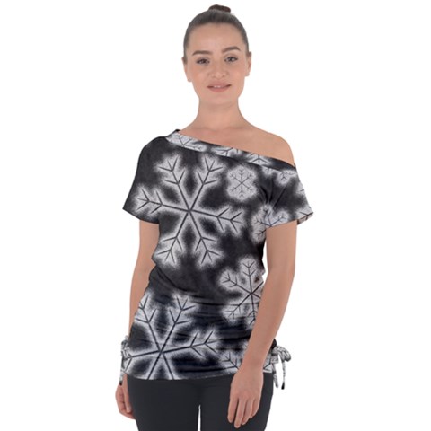 Snowflakes And Star Patterns Grey Frost Off Shoulder Tie-up Tee by artworkshop