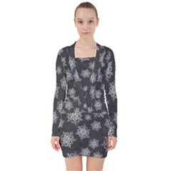 Snowflakes And Star Patterns Grey Snow V-neck Bodycon Long Sleeve Dress by artworkshop