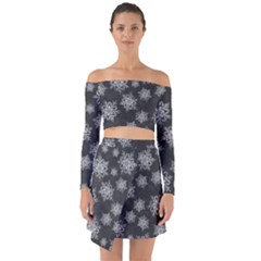 Snowflakes And Star Patterns Grey Snow Off Shoulder Top With Skirt Set by artworkshop