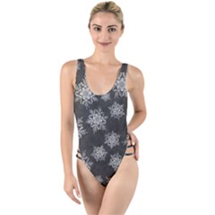 Snowflakes And Star Patterns Grey Snow High Leg Strappy Swimsuit