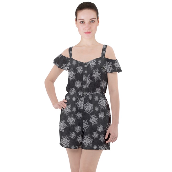 Snowflakes And Star Patterns Grey Snow Ruffle Cut Out Chiffon Playsuit