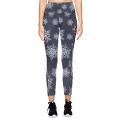 Snowflakes And Star Patterns Grey Snow Pocket Leggings  by artworkshop