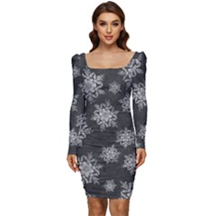 Snowflakes And Star Patterns Grey Snow Women Long Sleeve Ruched Stretch Jersey Dress by artworkshop