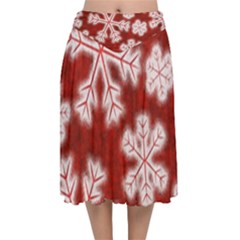 Snowflakes And Star Patterns Red Frost Velvet Flared Midi Skirt by artworkshop