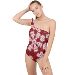 Snowflakes And Star Patterns Red Frost Frilly One Shoulder Swimsuit by artworkshop