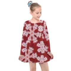 Snowflakes And Star Patterns Red Frost Kids  Long Sleeve Dress