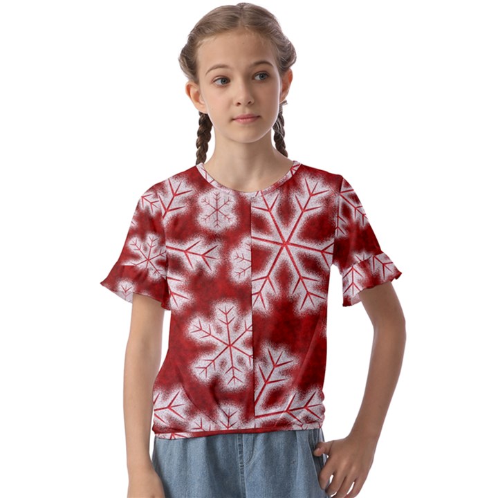 Snowflakes And Star Patterns Red Frost Kids  Cuff Sleeve Scrunch Bottom Tee