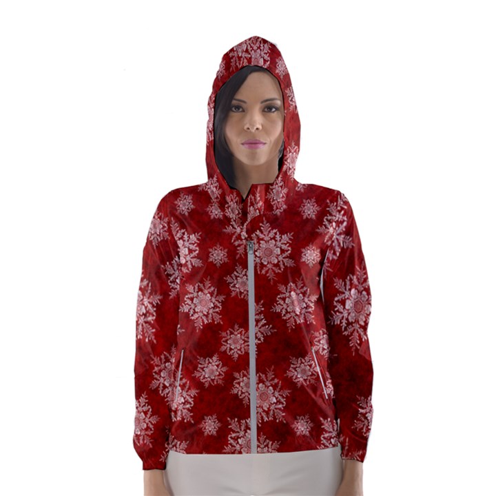 Snowflakes And Star Patternsred Snow Women s Hooded Windbreaker