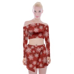 Snowflakes And Star Patternsred Snow Off Shoulder Top With Mini Skirt Set by artworkshop