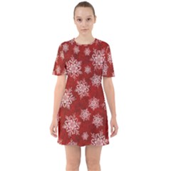 Snowflakes And Star Patternsred Snow Sixties Short Sleeve Mini Dress by artworkshop