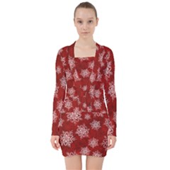 Snowflakes And Star Patternsred Snow V-neck Bodycon Long Sleeve Dress by artworkshop